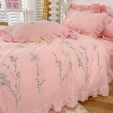 Butterfly Floral Embroidery Ruffled Bedding Set