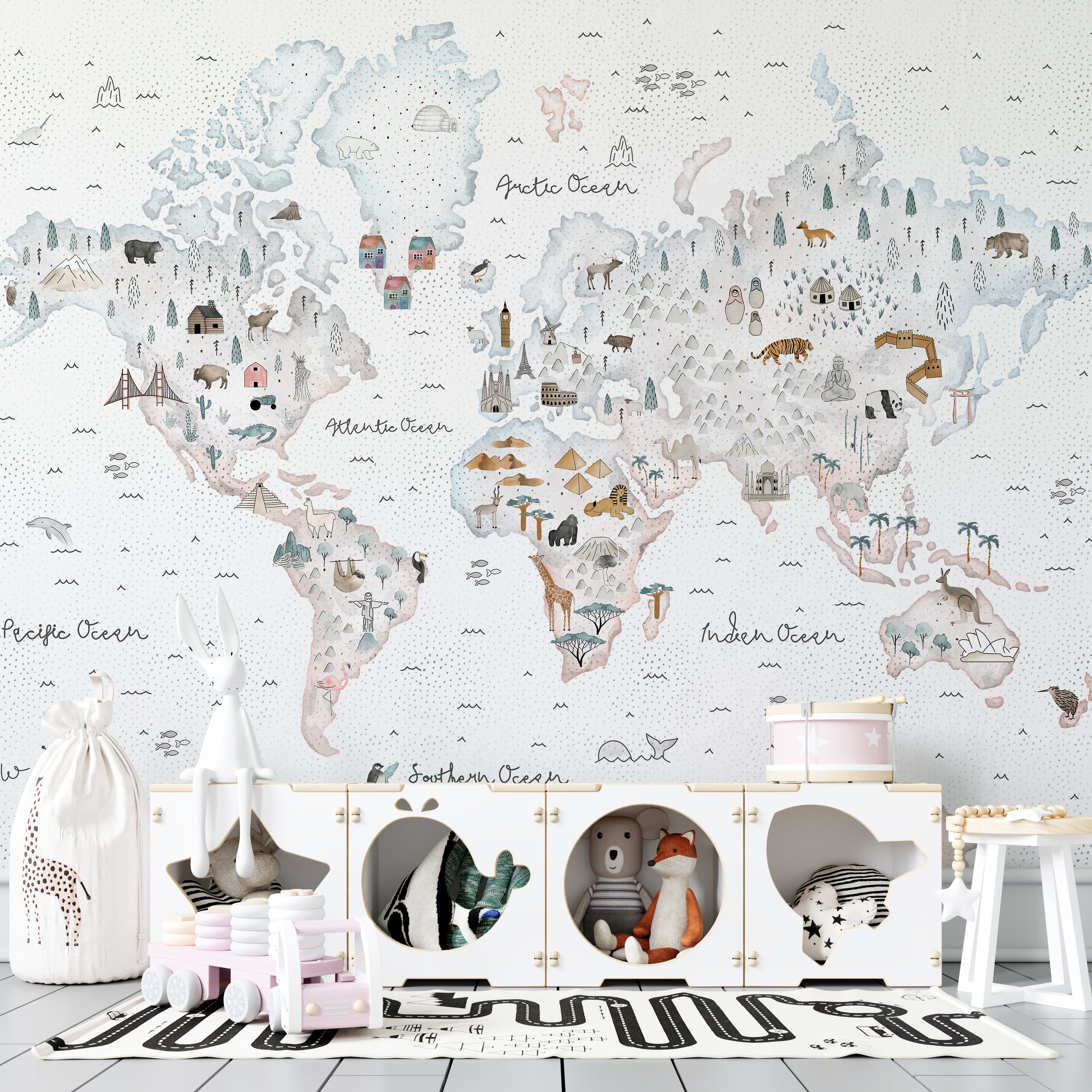 World Map White Theme - Kids Room Wallpaper Mural