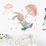 Cute Bunny Boy on Skateboard with Umbrella Wall Stickers