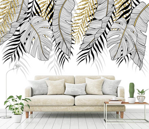 3D Gold and Black Leaves - Tropical Wallpaper Mural-Flower & Leaf Wallpaper