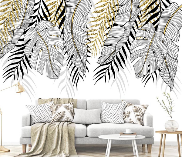 3D Gold and Black Leaves - Tropical Wallpaper Mural-Flower & Leaf Wallpaper