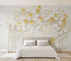 3D Tree White & Yellow Flowers Wallpaper Murals-Trees Wallpaper