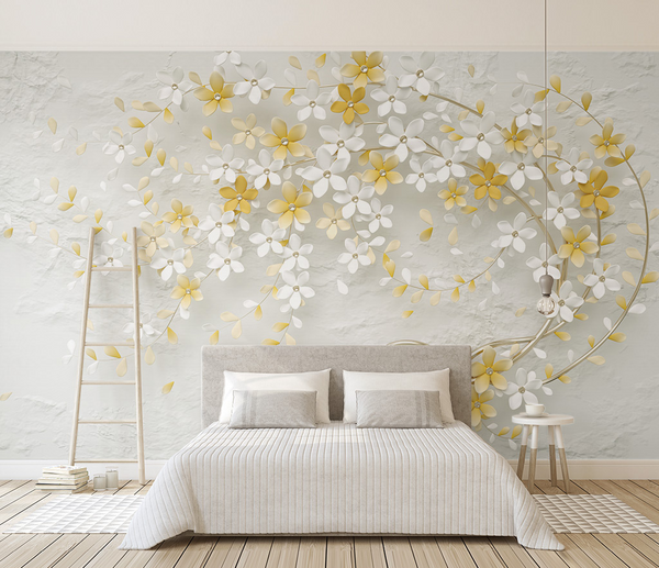 3D Tree White & Yellow Flowers Wallpaper Murals-Trees Wallpaper