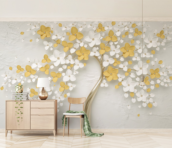 3D Tree White & Yellow Large Flowers Wallpaper Murals-Trees Wallpaper