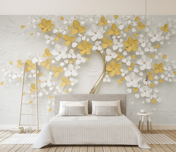 3D Tree White & Yellow Large Flowers Wallpaper Murals-Trees Wallpaper