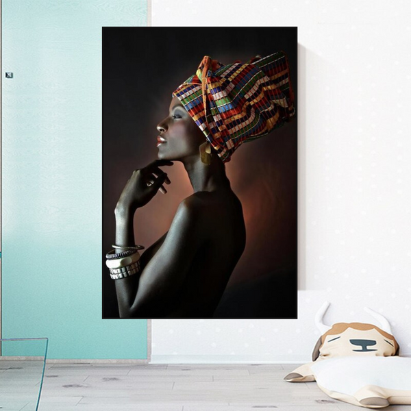 Afro Girl Crowned Flower Canvas Wall Art-Wall Posters