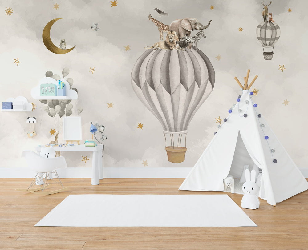 Air Balloon Safari Nursery Wallpaper Mural - Flying Safari-Kids Room Wallpaper