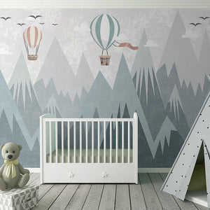 Air Balloons Flying over Mountain Peaks Nursery Wallpaper-Kids Room Wallpaper