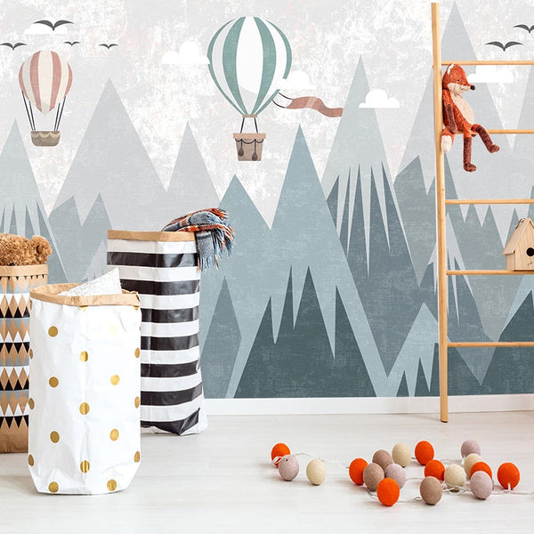 Air Balloons Flying over Mountain Peaks Nursery Wallpaper-Kids Room Wallpaper