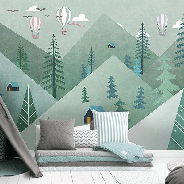 Air Balloons over Green Forest Nursery Wallpaper-Kids Room Wallpaper