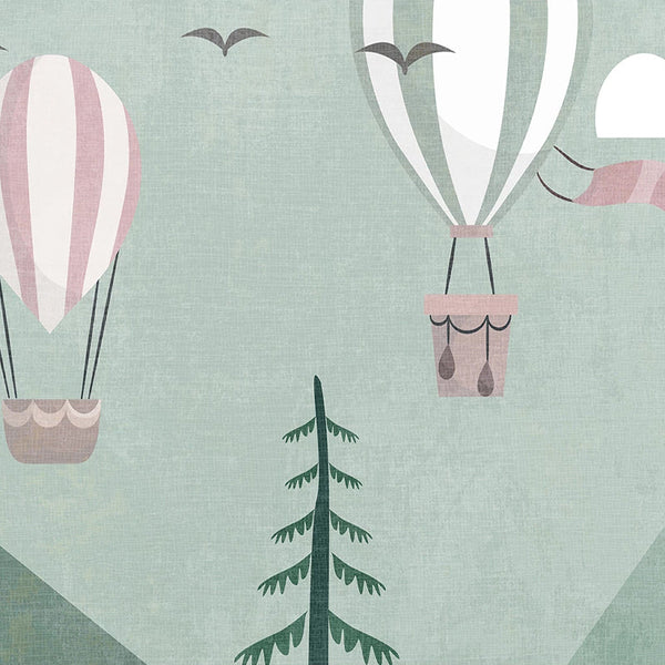 Air Balloons over Green Forest Nursery Wallpaper-Kids Room Wallpaper