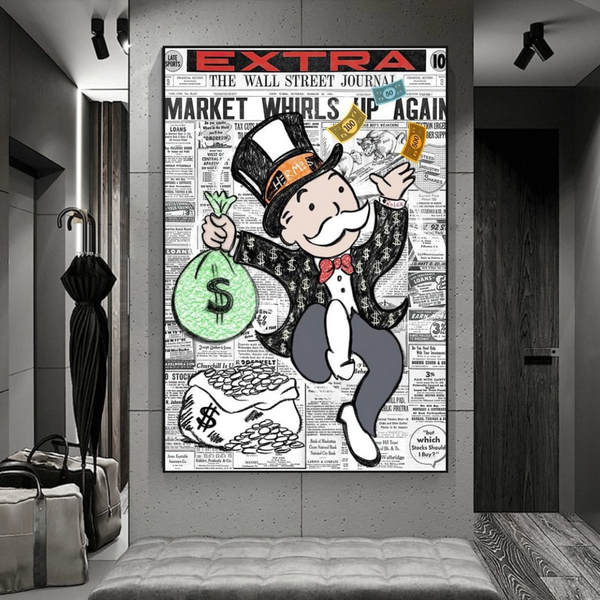 Alec Monopoly Money Bag Prints Newspaper Canvas Wall Art-Wall Posters