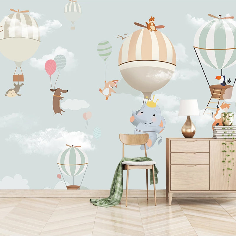 Animals Flying on Air Balloons Nursery Wallpaper-Kids Room Wallpaper