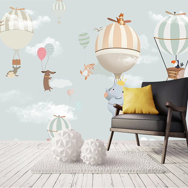 Animals Flying on Air Balloons Nursery Wallpaper-Kids Room Wallpaper