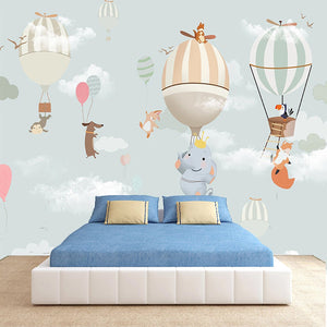 Animals Flying on Air Balloons Nursery Wallpaper-Kids Room Wallpaper