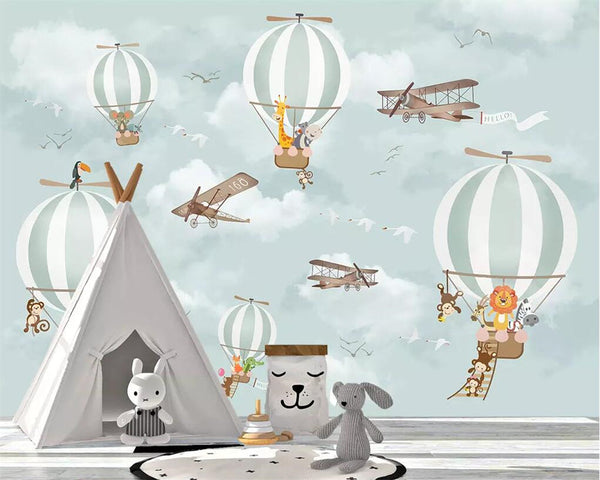 Animals Flying on Air Balloons in Sky Nursery Wallpaper-Kids Room Wallpaper