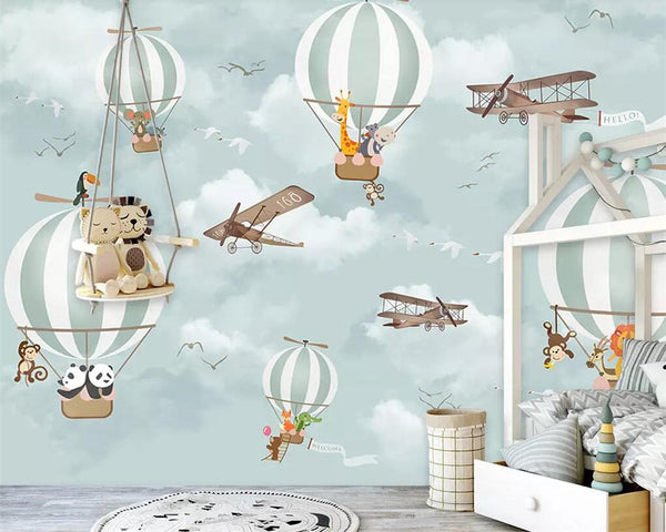 Animals Flying on Air Balloons in Sky Nursery Wallpaper-Kids Room Wallpaper