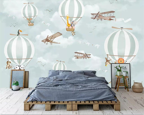 Animals Flying on Air Balloons in Sky Nursery Wallpaper-Kids Room Wallpaper