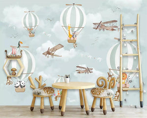 Animals Flying on Air Balloons in Sky Nursery Wallpaper-Kids Room Wallpaper