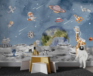 Animals in Space Astronauts: Kids Room Wallpaper Mural-Kids Room Wallpaper