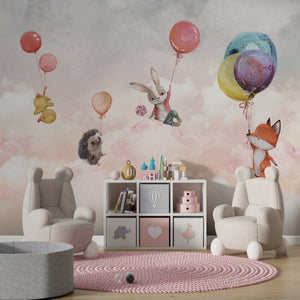Animals on Balloon - Kids Nursery Wallpaper Mural-Kids Room Wallpaper