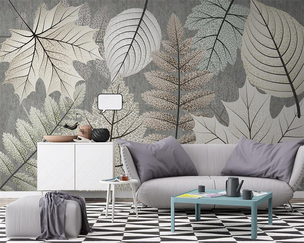 Artistic Monochrome Leaf Mural Wallpaper-Flower & Leaf Wallpaper