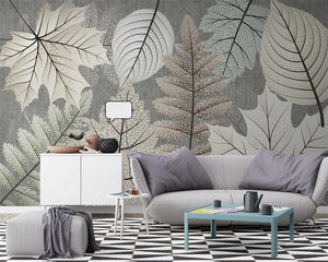 Artistic Monochrome Leaf Mural Wallpaper-Flower & Leaf Wallpaper