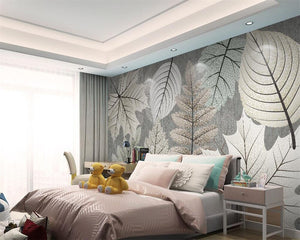 Artistic Monochrome Leaf Mural Wallpaper-Flower & Leaf Wallpaper