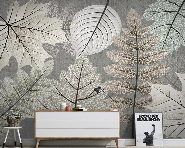 Artistic Monochrome Leaf Mural Wallpaper-Flower & Leaf Wallpaper