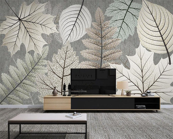 Artistic Monochrome Leaf Mural Wallpaper-Flower & Leaf Wallpaper