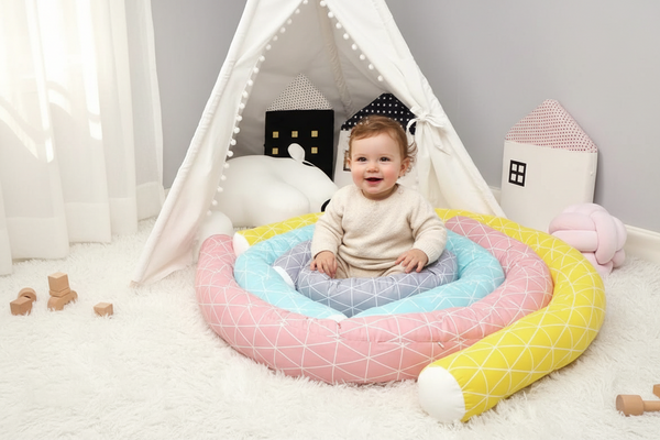 Baby Braid Cot Bumper — 200cm | Yellow, Pink, Grey & Blue | Nursery Safety Cushion