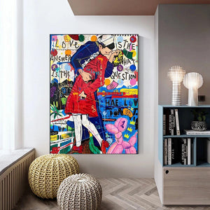 Banksy Abstract Graffiti Couple Kissing Canvas Wall Art-Banksy Wall Poster