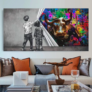 Banksy Art Boy Girl Pulling Curtain Canvas Wall Art-Banksy Wall Poster