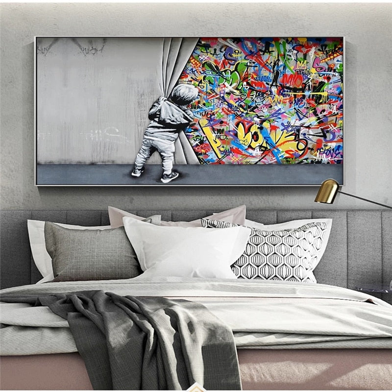 Banksy Boy Behind The Curtain Canvas Wall Art-Banksy Wall Poster