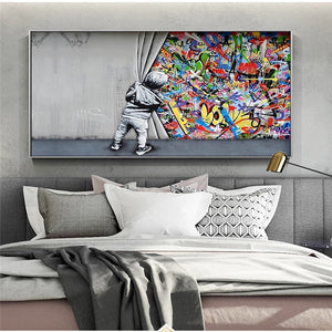 Banksy Boy Behind The Curtain Canvas Wall Art-Banksy Wall Poster