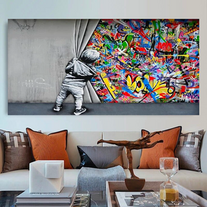 Banksy Boy pulling curtain Canvas Wall Art-Banksy Wall Poster