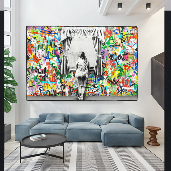 Banksy Freedom Curtains Lady Canvas Wall Art-Banksy Wall Poster