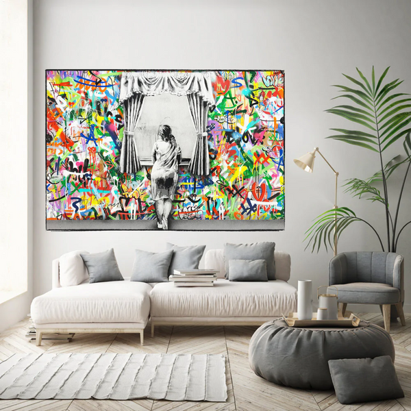 Banksy Freedom Curtains Lady Canvas Wall Art-Banksy Wall Poster