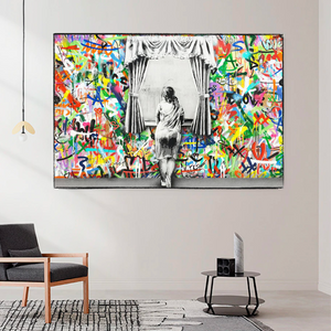 Banksy Freedom Curtains Lady Canvas Wall Art-Banksy Wall Poster