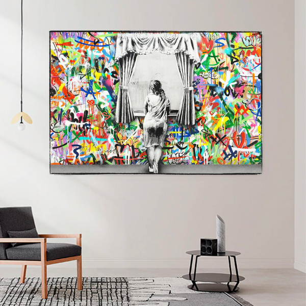 Banksy Freedom Curtains Lady Canvas Wall Art-Banksy Wall Poster