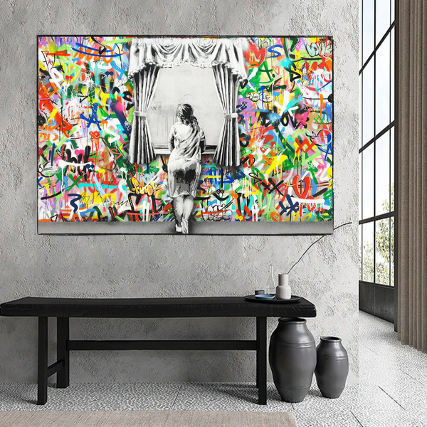 Banksy Freedom Curtains Lady Canvas Wall Art-Banksy Wall Poster