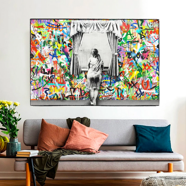 Banksy Freedom Curtains Lady Canvas Wall Art-Banksy Wall Poster