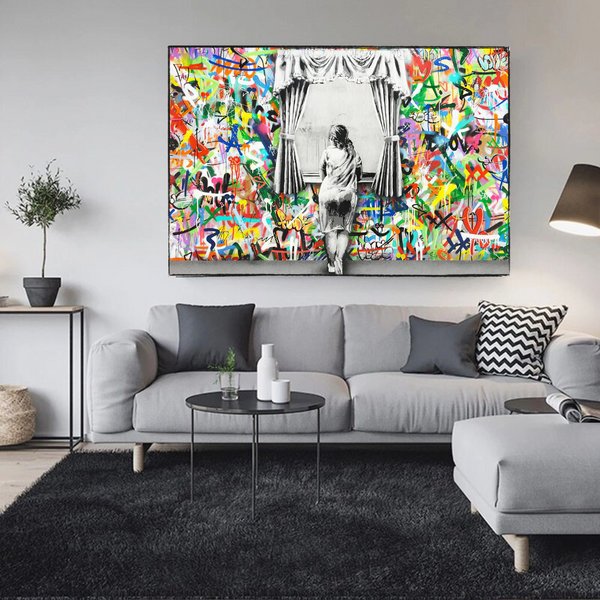 Banksy Freedom Curtains Lady Canvas Wall Art-Banksy Wall Poster