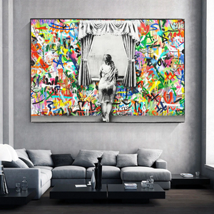 Banksy Freedom Curtains Lady Canvas Wall Art-Banksy Wall Poster
