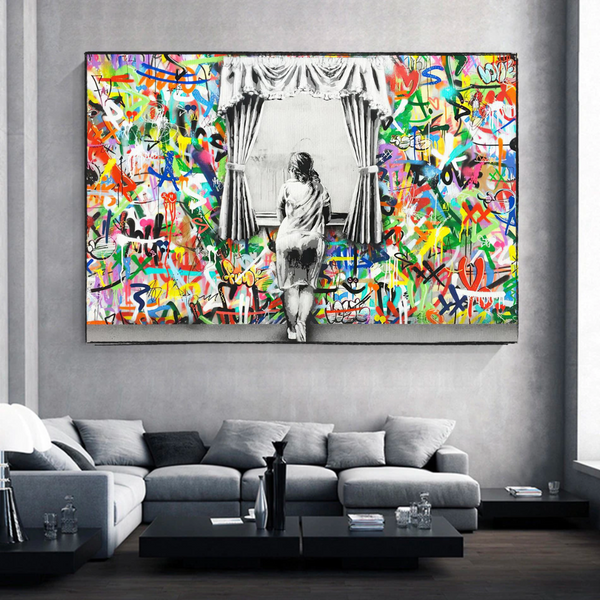 Banksy Freedom Curtains Lady Canvas Wall Art-Banksy Wall Poster