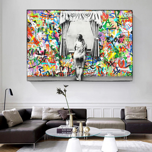 Banksy Freedom Curtains Lady Canvas Wall Art-Banksy Wall Poster