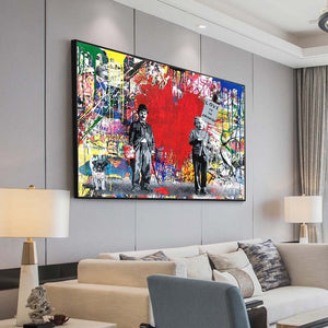 Banksy Love is the Answer Wall Art - Charlie and Einstein - Modern Canvas Print-Banksy Wall Poster