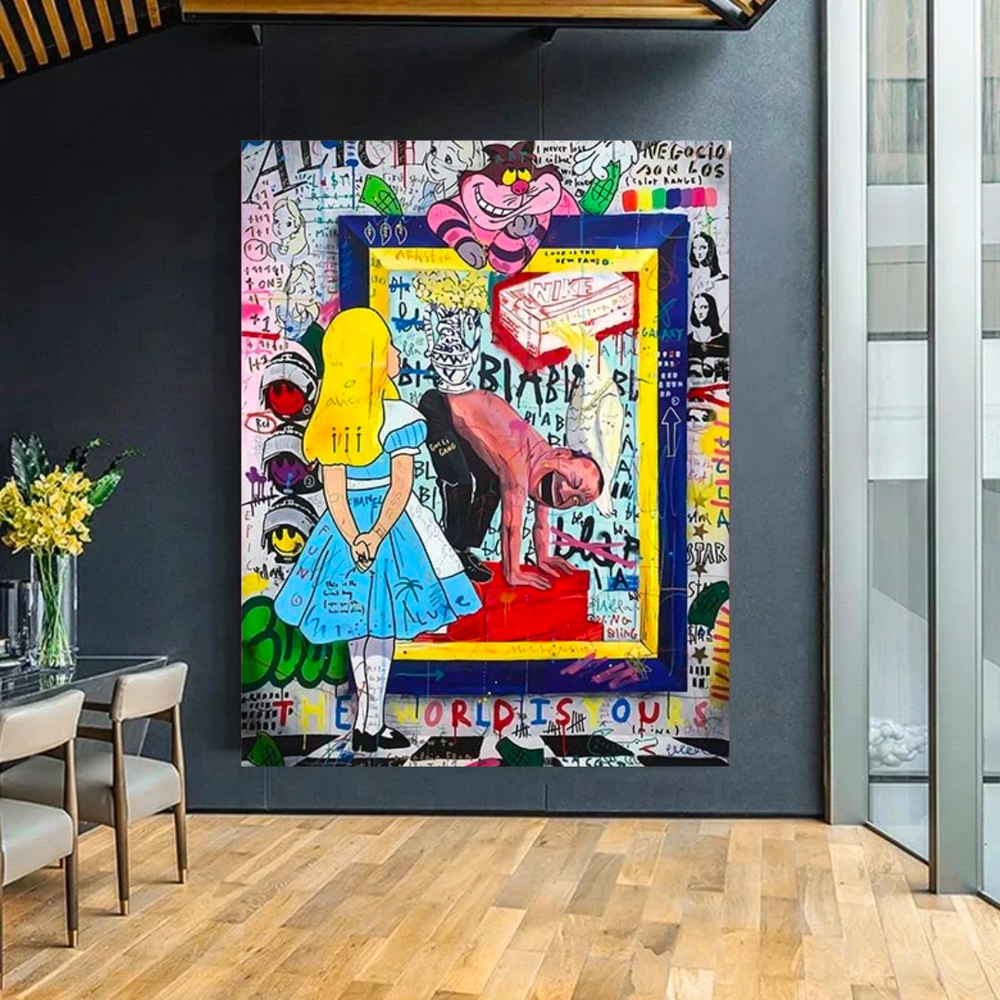 Banksy Wonderland Mirror Canvas Wall Art with Graffiti - Unique Home Decor-Banksy Wall Poster
