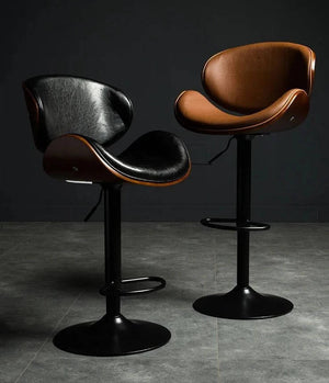 Banqueta Leather Bar Stool width Oak Wood Base-Bar Stools