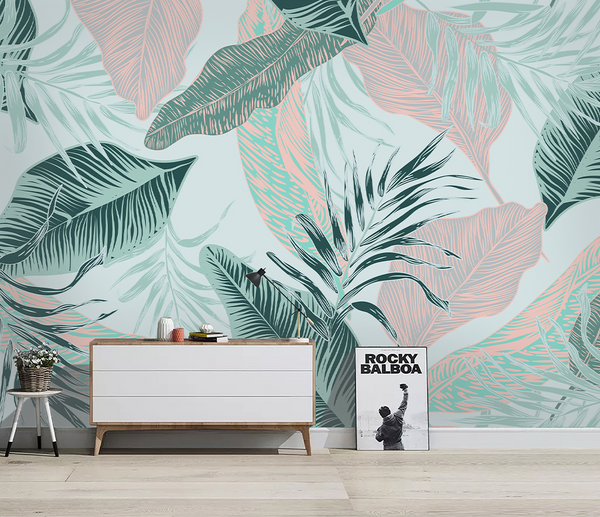 Beige and Green Leaves - Tropical Wallpaper Murals-Flower & Leaf Wallpaper